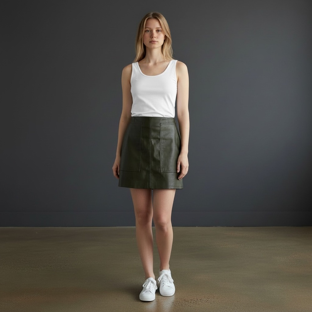 💙 H&M Olive Green Faux Leather Mini Skirt - Size 4